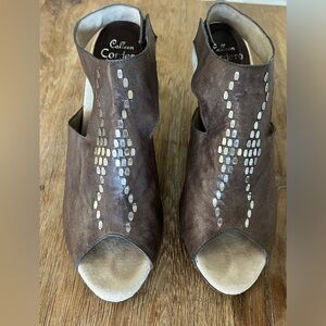 Colleen Cordero brown leather heels with nickel accents